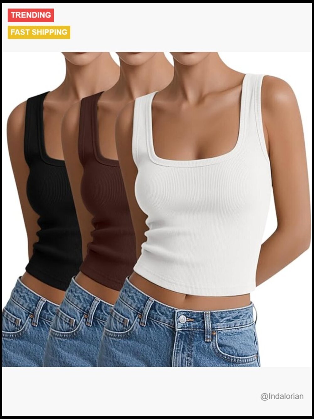 Women's Square Neck Ribbed Tank Top - Cropped Cami - 3 Pack Stretch Basic Tanks